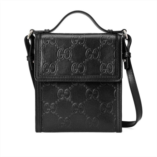 GUCCI GG EMBOSSED MESSENGER BAG BLACK GG EMBOSSED LEATHER COTTON LINEN LINING