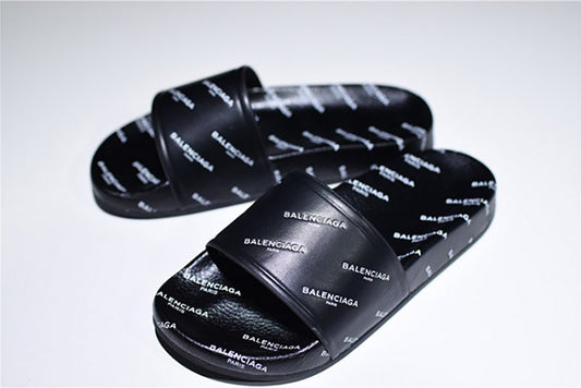 BALENCIAGA LOGO LEATHER SLIP-ON SANDALS ALL BLACK LOGO