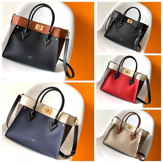 LOUIS VUITTON 30.5*24.5*14CM ON MY SIDE HANDBAG, CALF LEATHER + MONOGRAM CANVAS