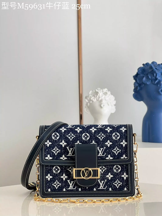 LOUIS VUITTON DAUPHINE HANDBAG, LOGO DENIM + COW LEATHER