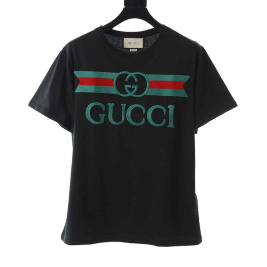 GUCCI EMBROIDERED BELT LOGO SHORT SLEEVE BLACK T SHIRT