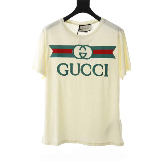 GUCCI EMBROIDERED BELT LOGO SHORT SLEEVE WHITE T SHIRT