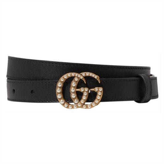 GUCCI BLACK FAUX PEARL-EMBELLISHED LEATHER BELT