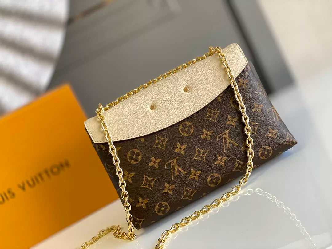 LOUIS VUITTON SAINT PLACIDE HANDBAG, MONOGRAM COATED CANVAS + COLORED GRAIN LEATHER
