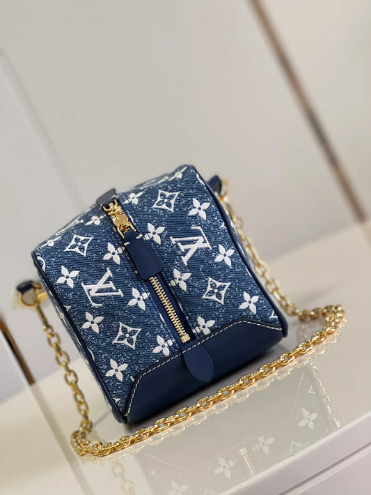 LOUIS VUITTON 16*16*16CM TOP ORIGINAL DENIM BLUE DICE BAG SQUARE HANDBAG