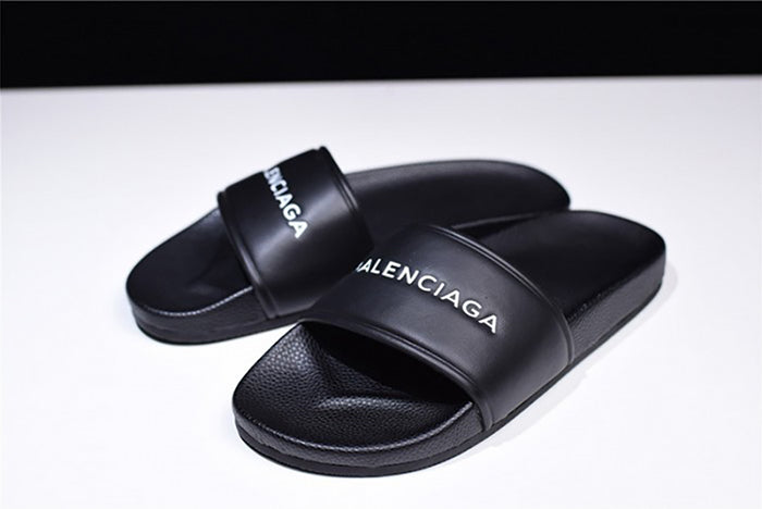 BALENCIAGA LOGO LEATHER SLIP-ON SANDALS