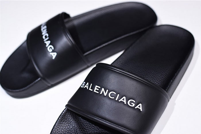 BALENCIAGA LOGO LEATHER SLIP-ON SANDALS
