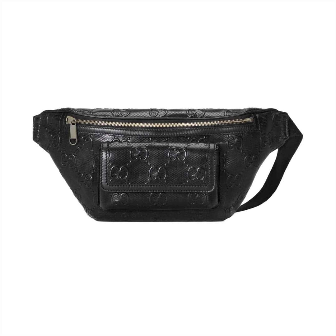 GUCCI GG EMBOSSED BELT BAG IN BLACK GG EMBOSSED LEATHER