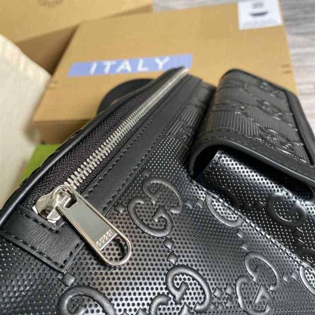 GUCCI GG EMBOSSED BELT BAG IN BLACK GG EMBOSSED LEATHER