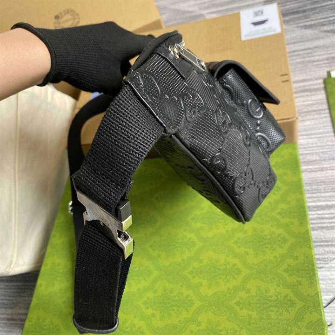 GUCCI GG EMBOSSED BELT BAG IN BLACK GG EMBOSSED LEATHER