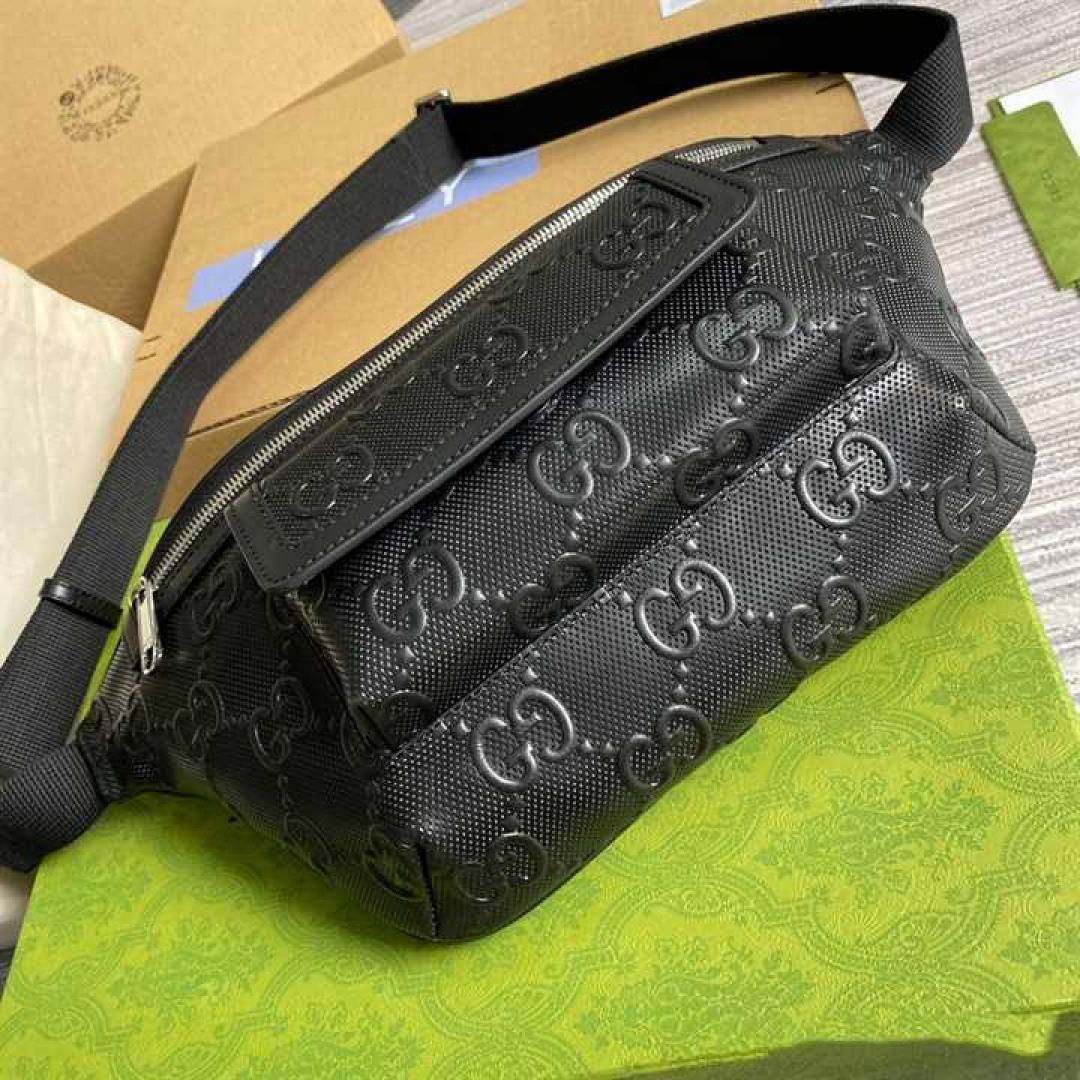 GUCCI GG EMBOSSED BELT BAG IN BLACK GG EMBOSSED LEATHER
