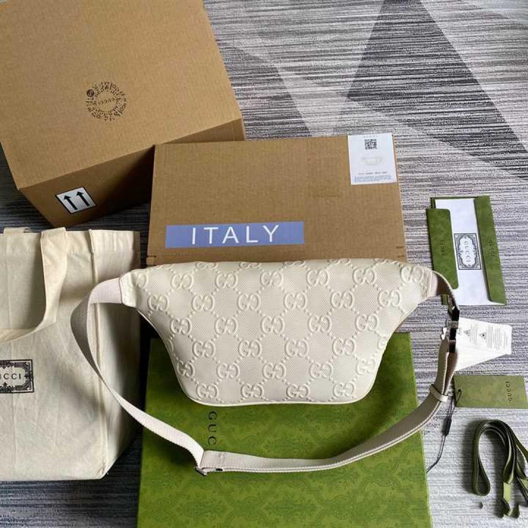 GUCCI GG EMBOSSED BELT BAG IN WHITE GG EMBOSSED LEATHER