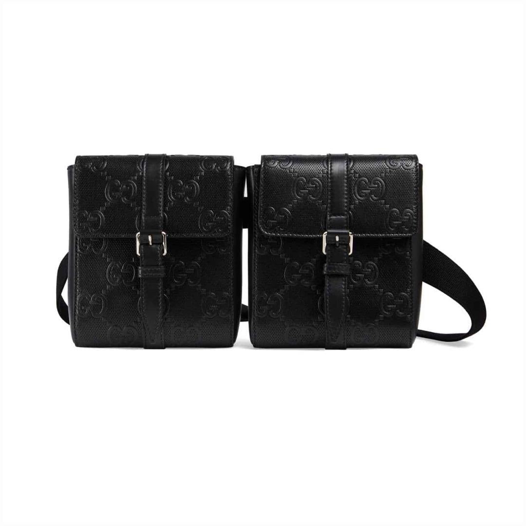 GUCCI GG EMBOSSED BELT BAG BLACK GG EMBOSSED LEATHER COTTON LINEN LINING