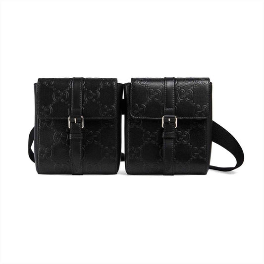 GUCCI GG EMBOSSED BELT BAG BLACK GG EMBOSSED LEATHER COTTON LINEN LINING