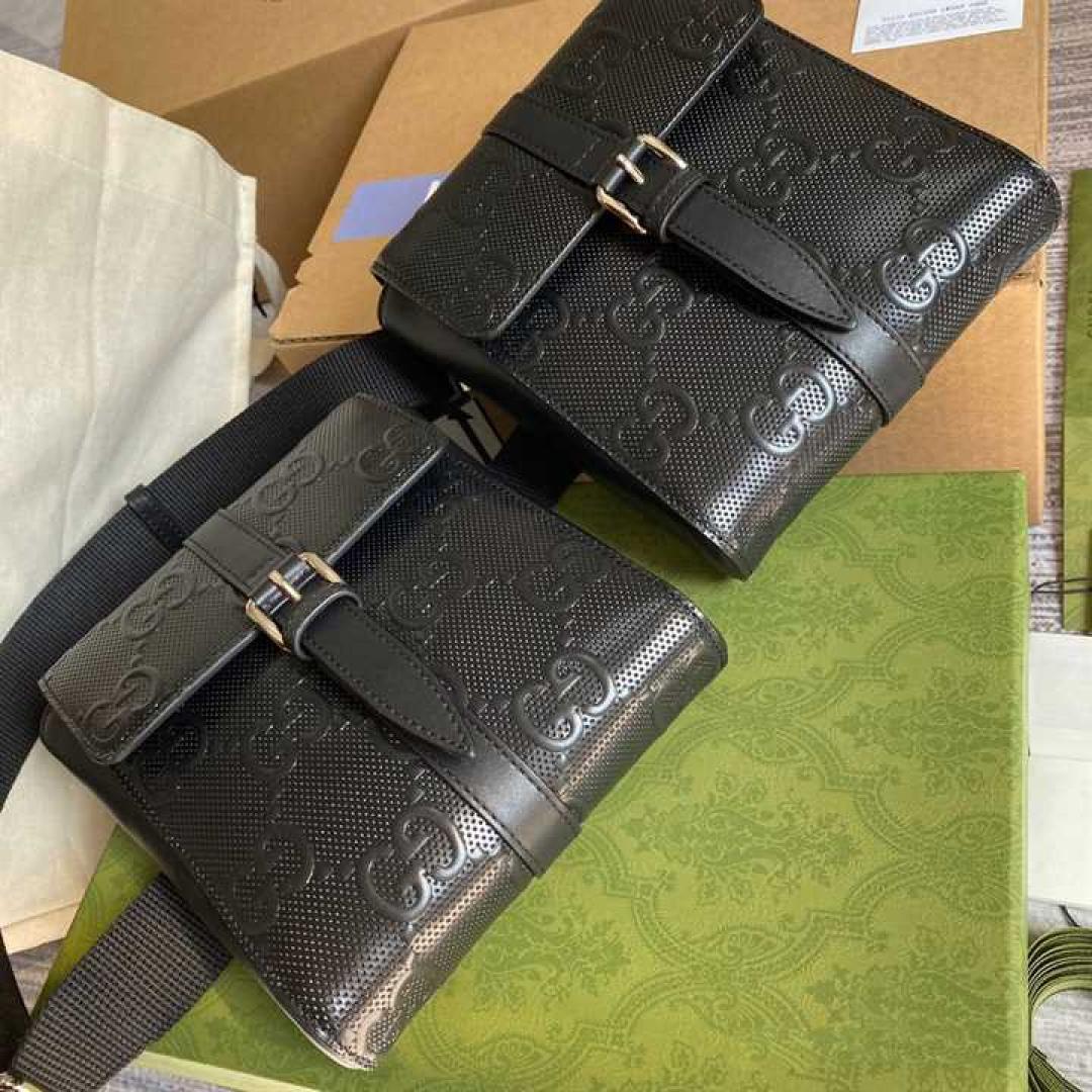 GUCCI GG EMBOSSED BELT BAG BLACK GG EMBOSSED LEATHER COTTON LINEN LINING