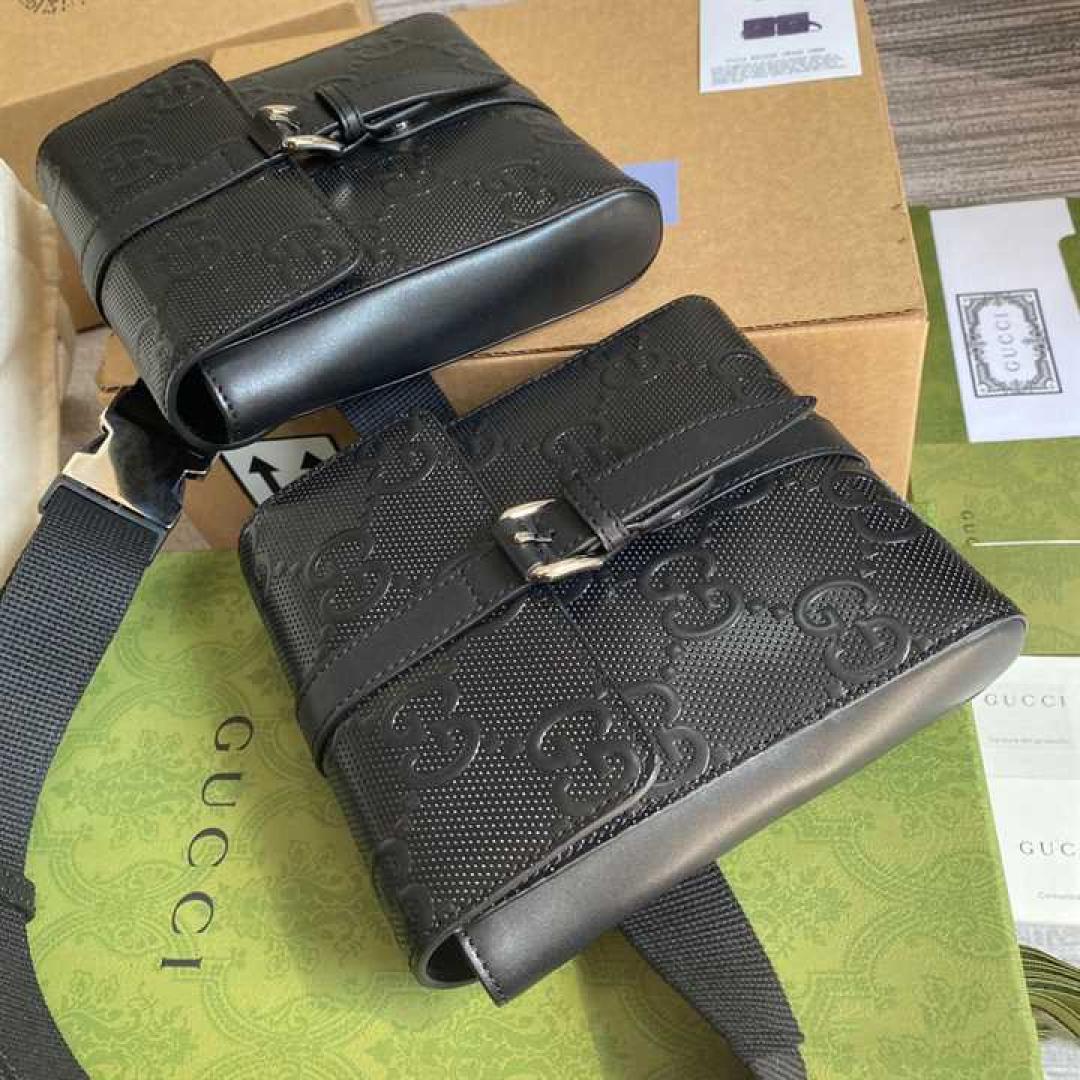 GUCCI GG EMBOSSED BELT BAG BLACK GG EMBOSSED LEATHER COTTON LINEN LINING