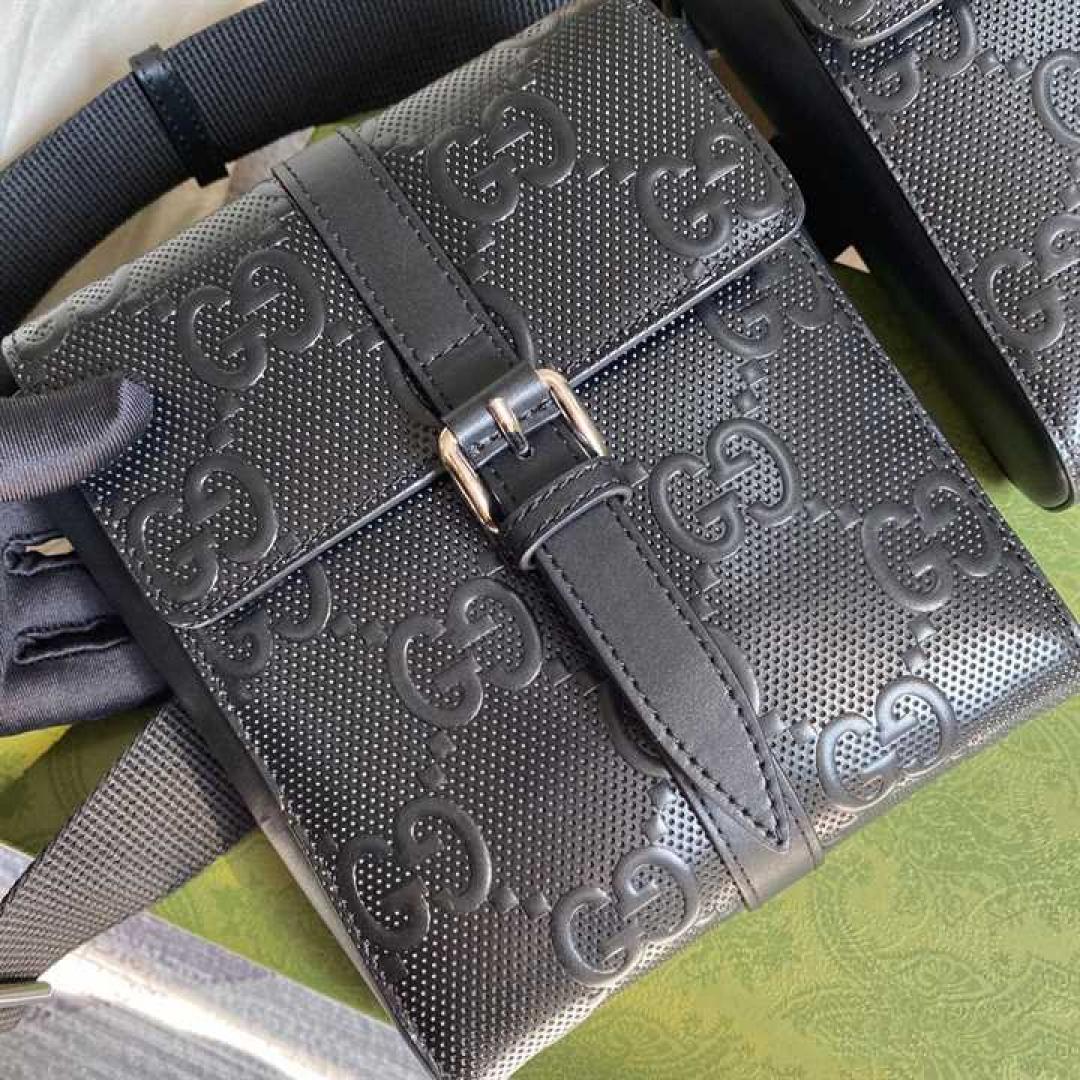 GUCCI GG EMBOSSED BELT BAG BLACK GG EMBOSSED LEATHER COTTON LINEN LINING