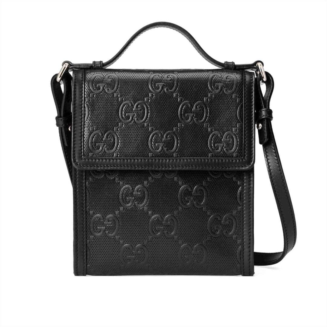 GUCCI GG EMBOSSED MESSENGER BAG BLACK GG EMBOSSED LEATHER COTTON LINEN LINING