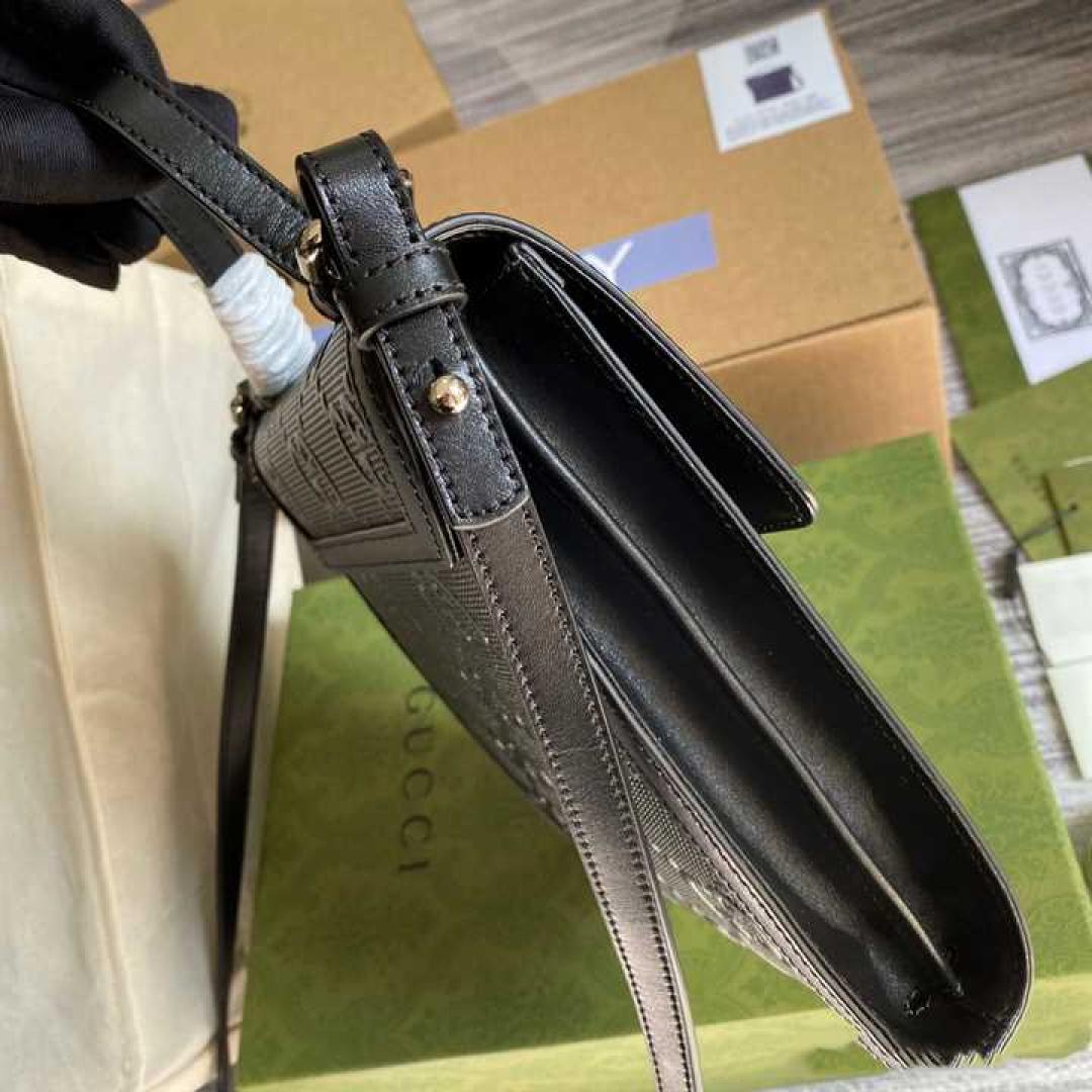 GUCCI GG EMBOSSED MESSENGER BAG BLACK GG EMBOSSED LEATHER COTTON LINEN LINING