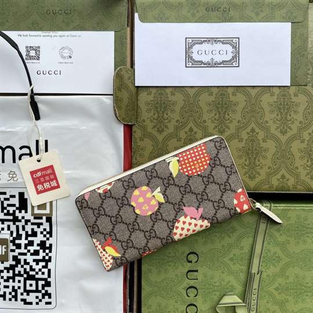 GUCCI LES POMMES ZIP AROUND WALLET IN BEIGE AND EBONY GG SUPREME