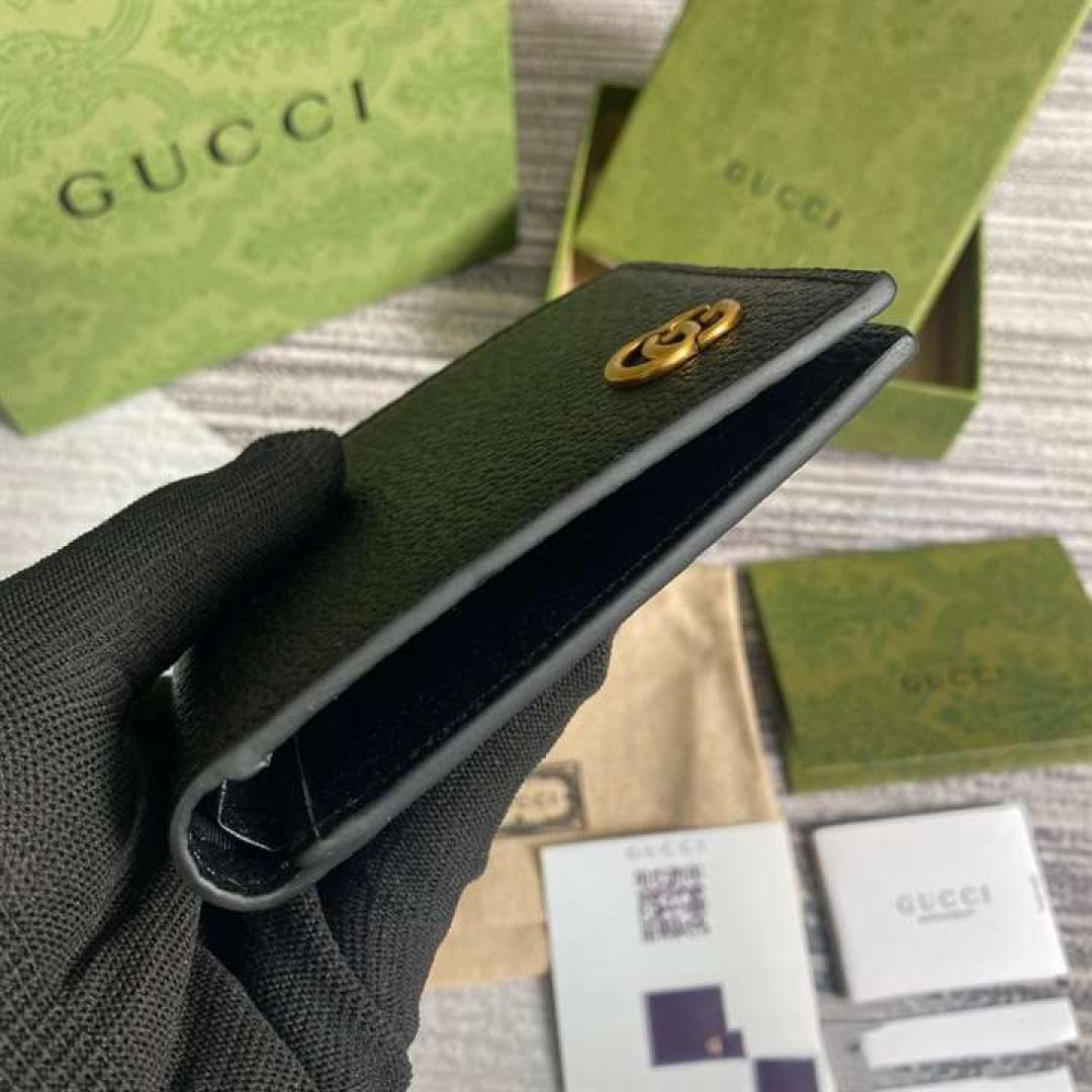 GUCCI MEN GG MARMONT LEATHER BI FOLD WALLET BLACK METAL FREE TANNED LEATHER DOUBLE G