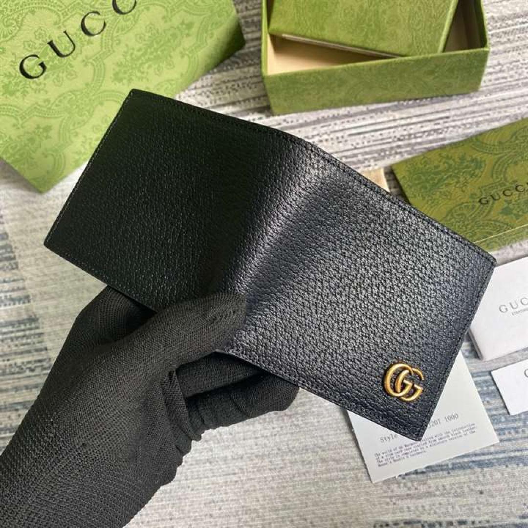 GUCCI MEN GG MARMONT LEATHER BI FOLD WALLET BLACK METAL FREE TANNED LEATHER DOUBLE G