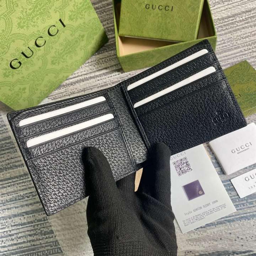 GUCCI MEN GG MARMONT LEATHER BI FOLD WALLET BLACK METAL FREE TANNED LEATHER DOUBLE G