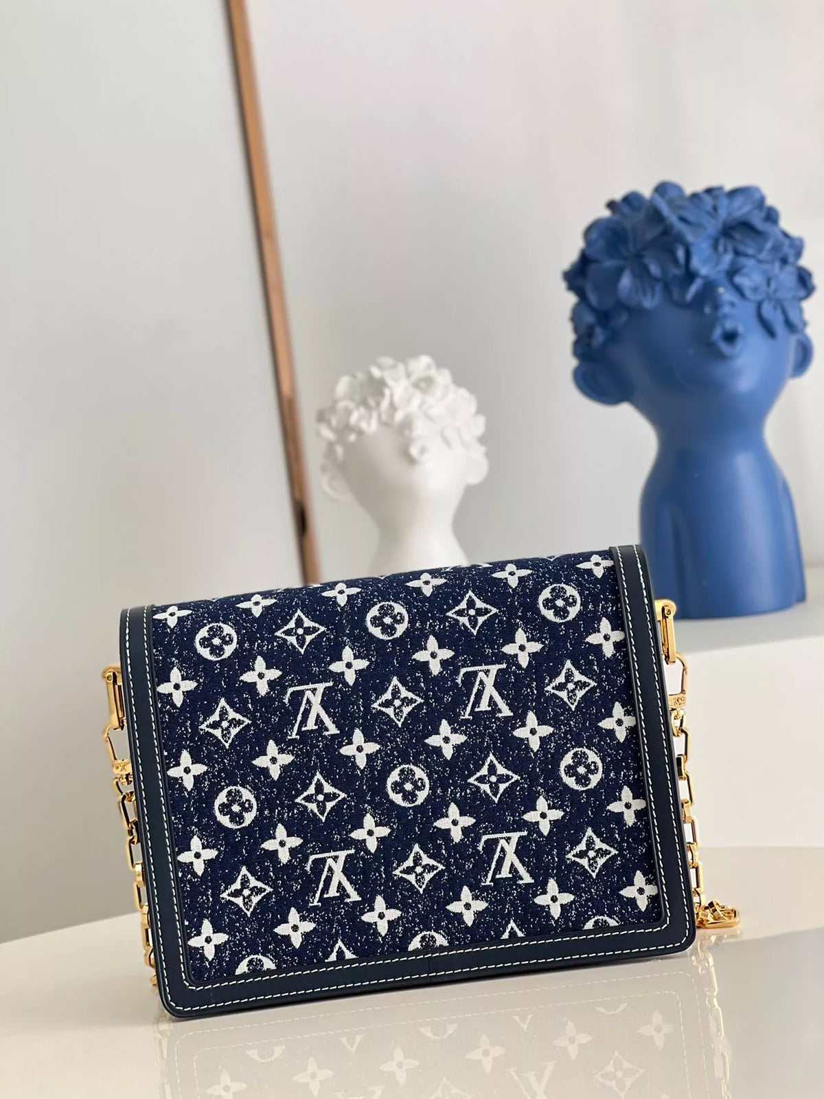 LOUIS VUITTON DAUPHINE HANDBAG, LOGO DENIM + COW LEATHER