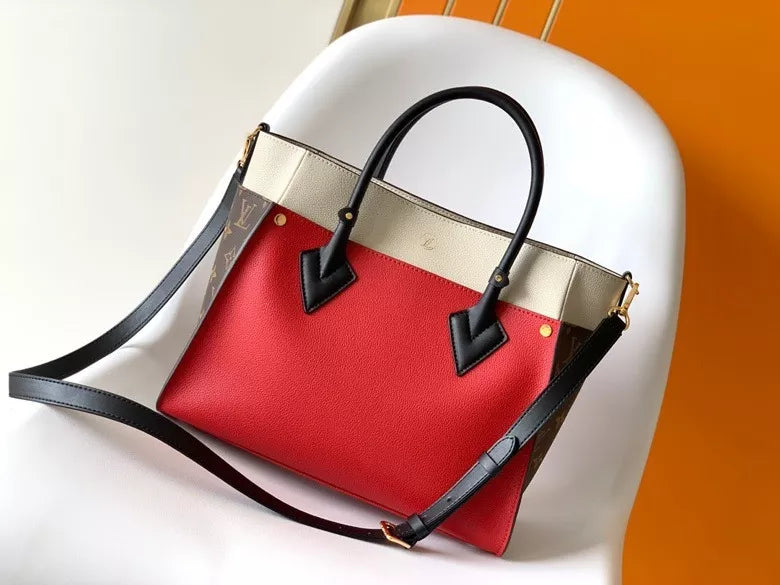 LOUIS VUITTON 30.5*24.5*14CM ON MY SIDE HANDBAG, CALF LEATHER + MONOGRAM CANVAS
