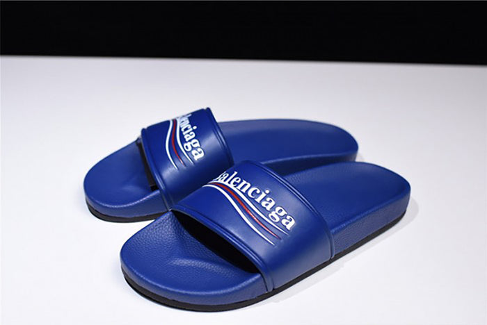 BALENCIAGA LOGO LEATHER SLIP-ON SANDALS BLUE