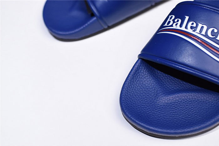 BALENCIAGA LOGO LEATHER SLIP-ON SANDALS BLUE