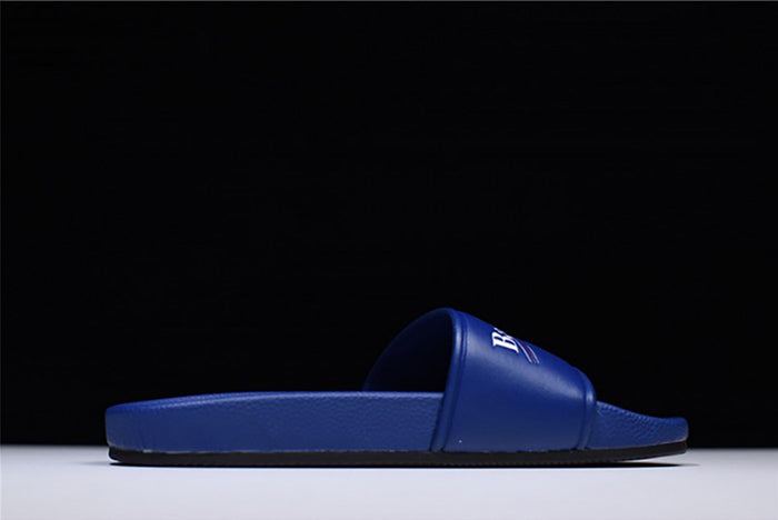 BALENCIAGA LOGO LEATHER SLIP-ON SANDALS BLUE