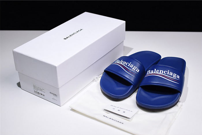 BALENCIAGA LOGO LEATHER SLIP-ON SANDALS BLUE