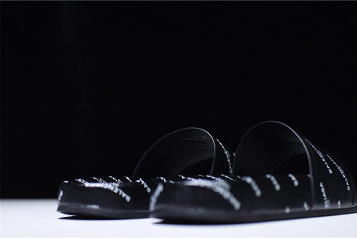 BALENCIAGA LOGO LEATHER SLIP-ON SANDALS ALL BLACK LOGO
