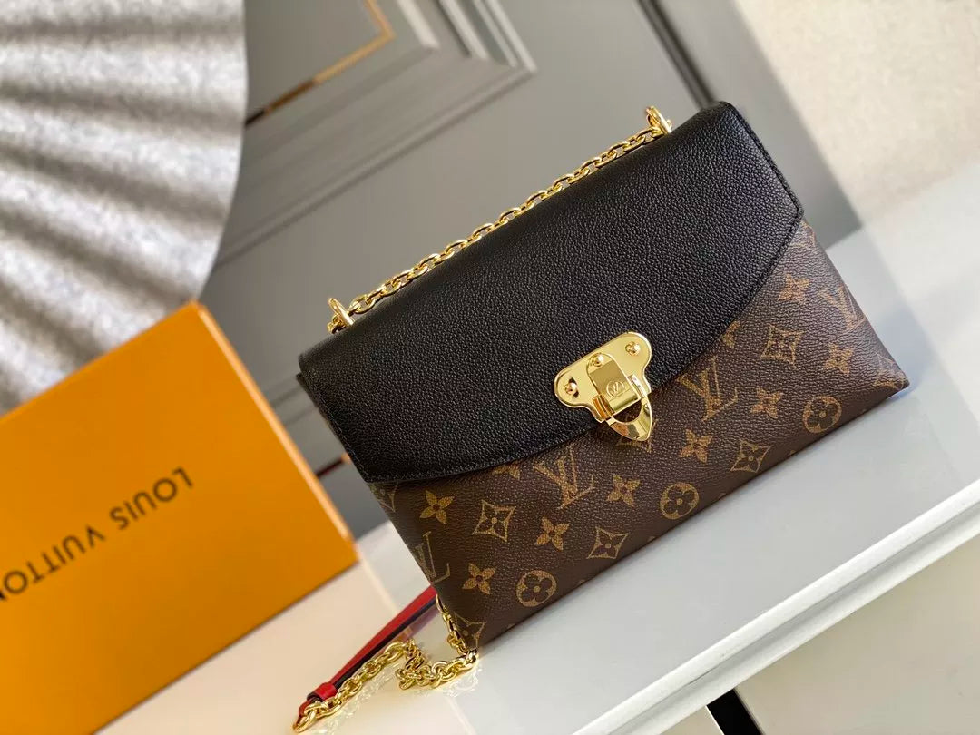 LOUIS VUITTON SAINT PLACIDE HANDBAG, MONOGRAM COATED CANVAS + COLORED GRAIN LEATHER
