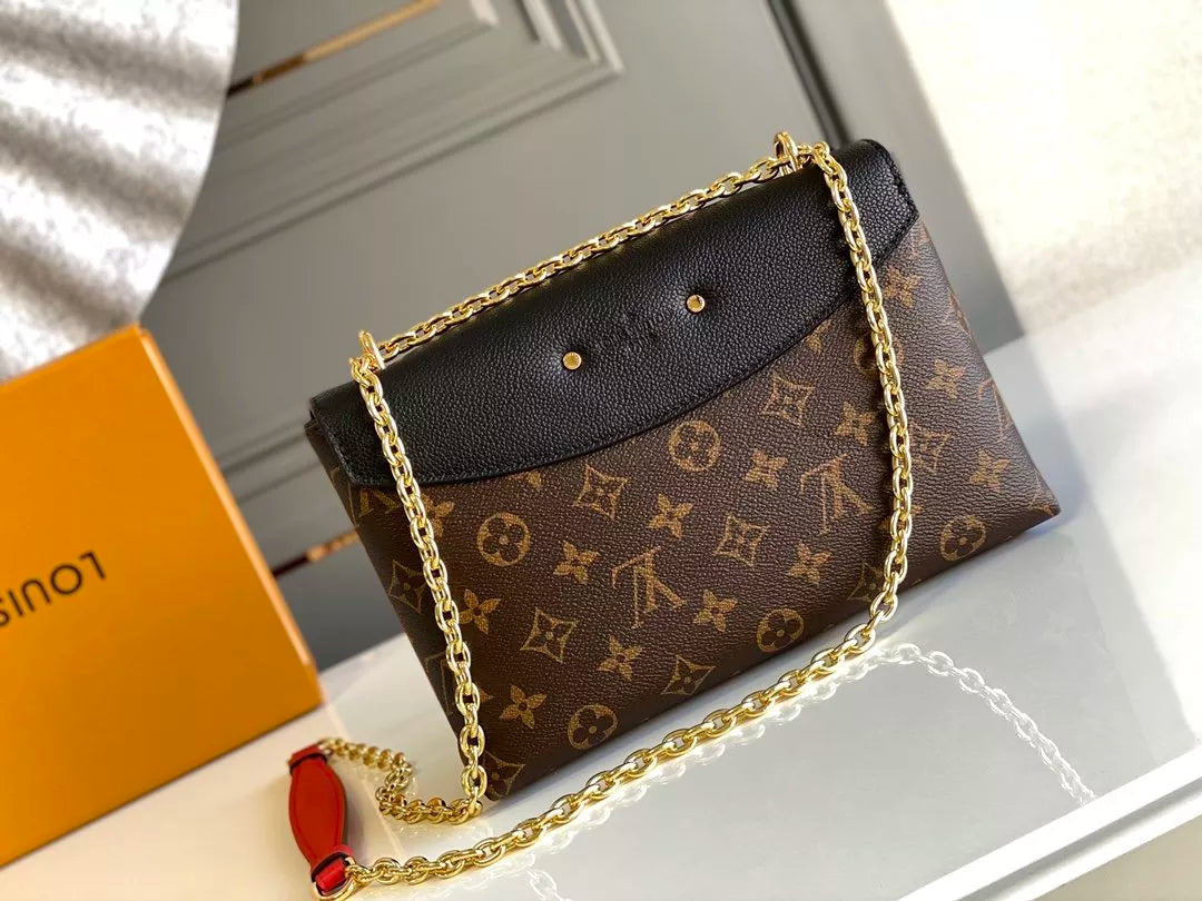 LOUIS VUITTON SAINT PLACIDE HANDBAG, MONOGRAM COATED CANVAS + COLORED GRAIN LEATHER