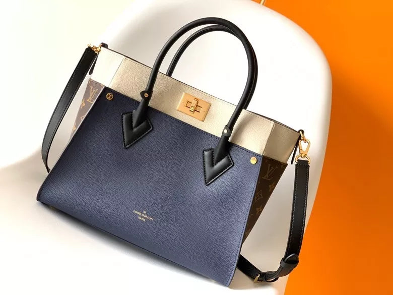 LOUIS VUITTON 30.5*24.5*14CM ON MY SIDE HANDBAG, CALF LEATHER + MONOGRAM CANVAS