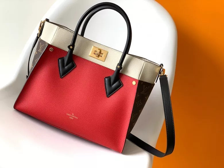 LOUIS VUITTON 30.5*24.5*14CM ON MY SIDE HANDBAG, CALF LEATHER + MONOGRAM CANVAS