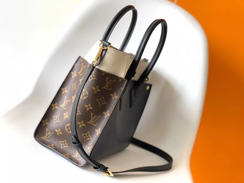 LOUIS VUITTON 30.5*24.5*14CM ON MY SIDE HANDBAG, CALF LEATHER + MONOGRAM CANVAS