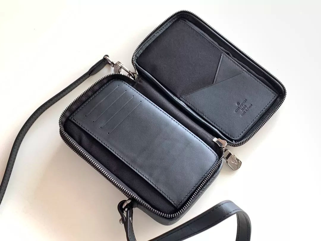 LOUIS VUITTON 11 X 19 X 3.5CM MOBILE BAG DOUBLE PHONE, MONOGRAM ECLIPSE CANVAS + MONOGRAM ECLIPSE REVERSE CANVAS