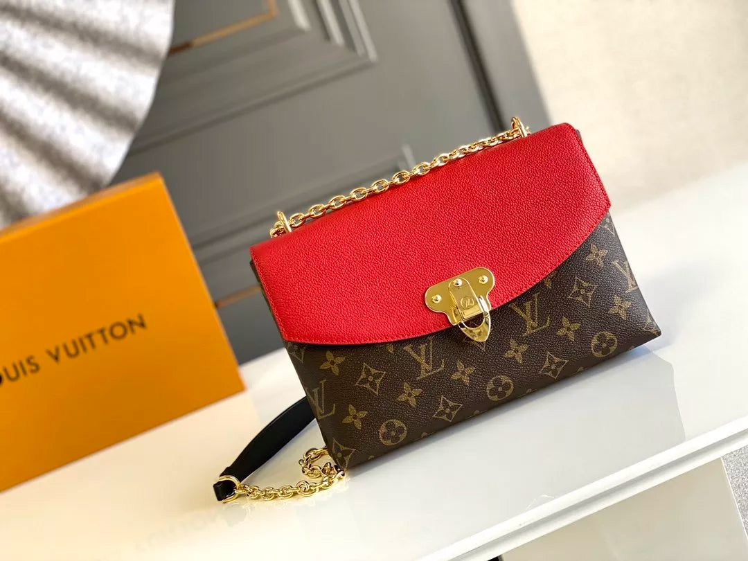 LOUIS VUITTON SAINT PLACIDE HANDBAG, MONOGRAM COATED CANVAS + COLORED GRAIN LEATHER