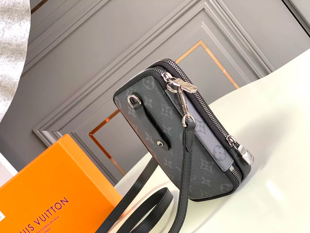 LOUIS VUITTON 11 X 19 X 3.5CM MOBILE BAG DOUBLE PHONE, MONOGRAM ECLIPSE CANVAS + MONOGRAM ECLIPSE REVERSE CANVAS