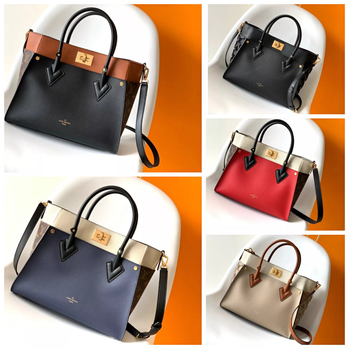 LOUIS VUITTON 30.5*24.5*14CM ON MY SIDE HANDBAG, CALF LEATHER + MONOGRAM CANVAS