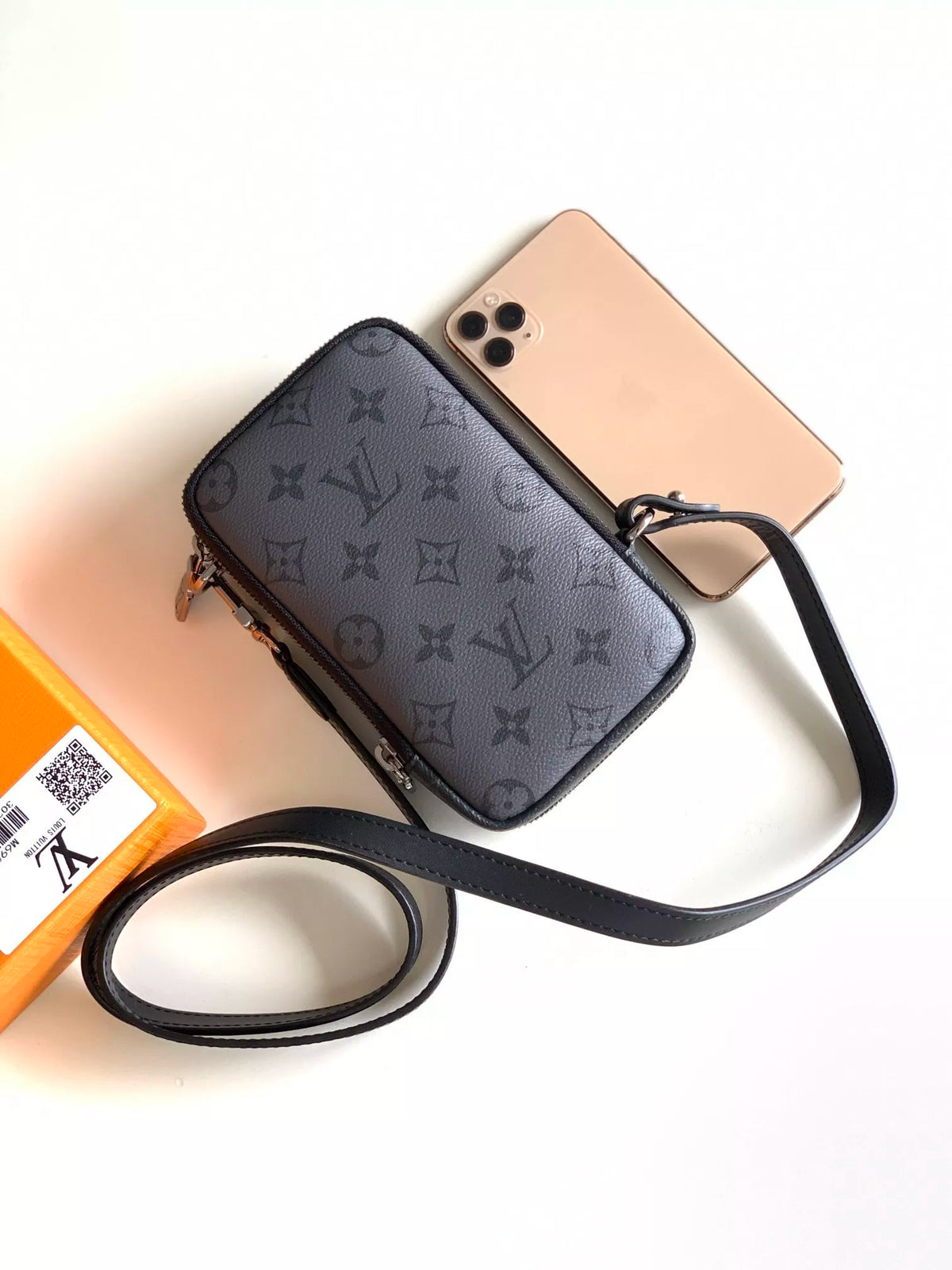 LOUIS VUITTON 11 X 19 X 3.5CM MOBILE BAG DOUBLE PHONE, MONOGRAM ECLIPSE CANVAS + MONOGRAM ECLIPSE REVERSE CANVAS