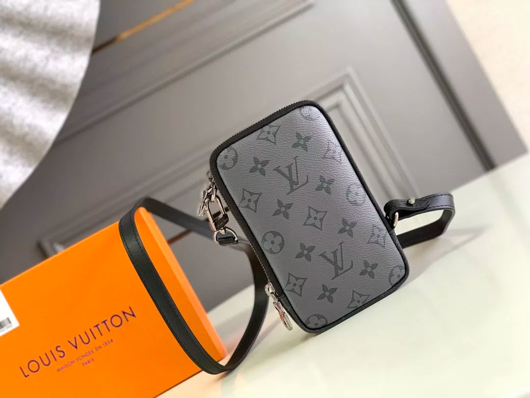 LOUIS VUITTON 11 X 19 X 3.5CM MOBILE BAG DOUBLE PHONE, MONOGRAM ECLIPSE CANVAS + MONOGRAM ECLIPSE REVERSE CANVAS