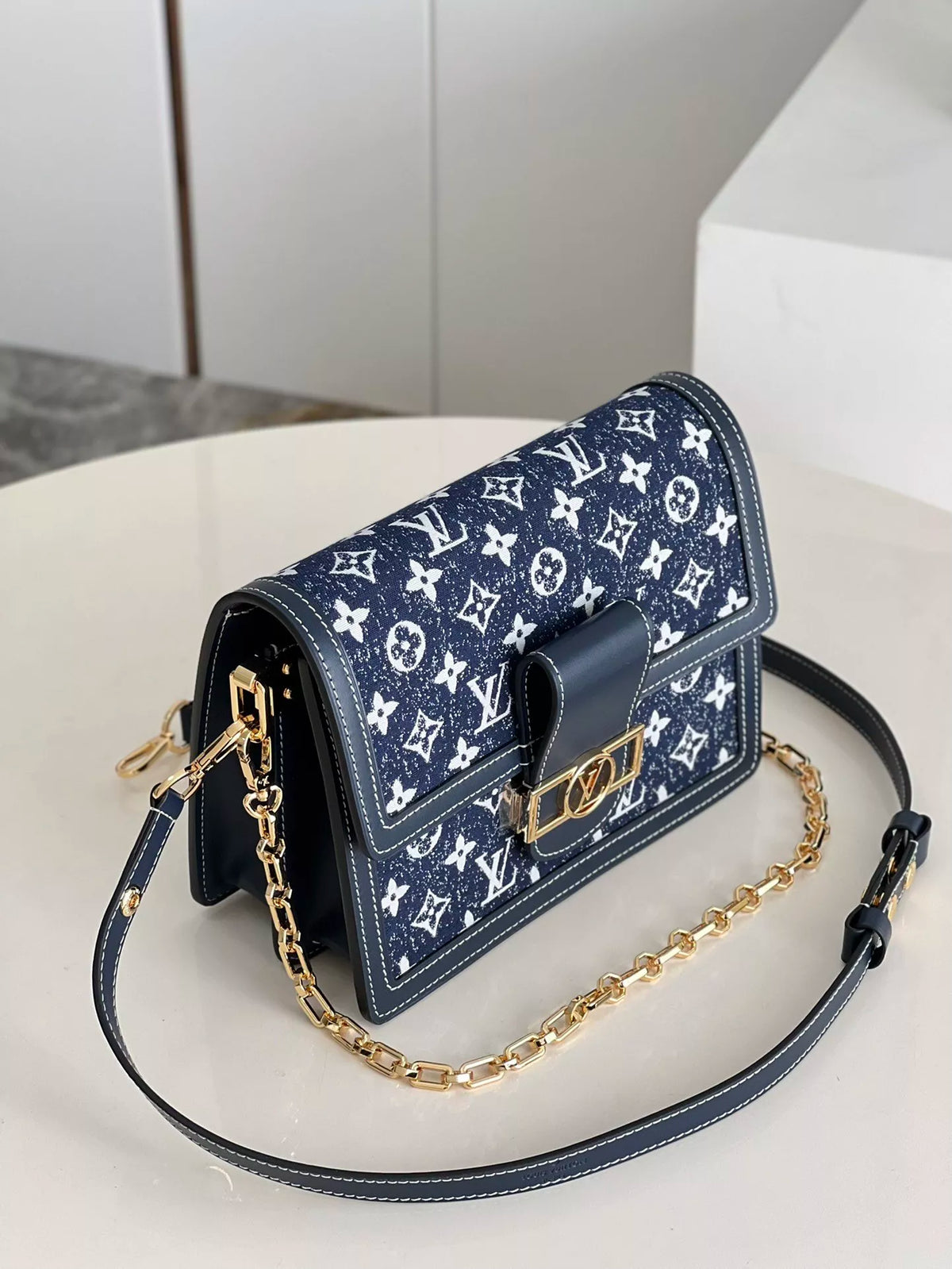 LOUIS VUITTON DAUPHINE HANDBAG, LOGO DENIM + COW LEATHER
