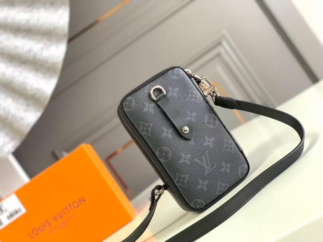 LOUIS VUITTON 11 X 19 X 3.5CM MOBILE BAG DOUBLE PHONE, MONOGRAM ECLIPSE CANVAS + MONOGRAM ECLIPSE REVERSE CANVAS