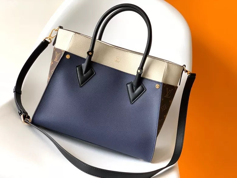 LOUIS VUITTON 30.5*24.5*14CM ON MY SIDE HANDBAG, CALF LEATHER + MONOGRAM CANVAS
