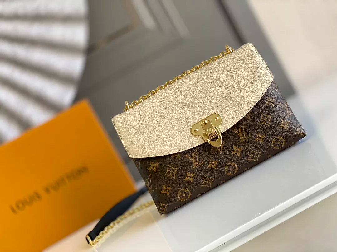 LOUIS VUITTON SAINT PLACIDE HANDBAG, MONOGRAM COATED CANVAS + COLORED GRAIN LEATHER