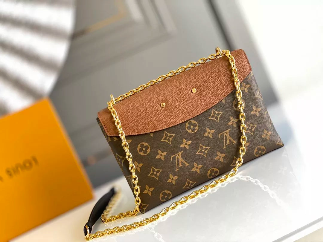LOUIS VUITTON SAINT PLACIDE HANDBAG, MONOGRAM COATED CANVAS + COLORED GRAIN LEATHER